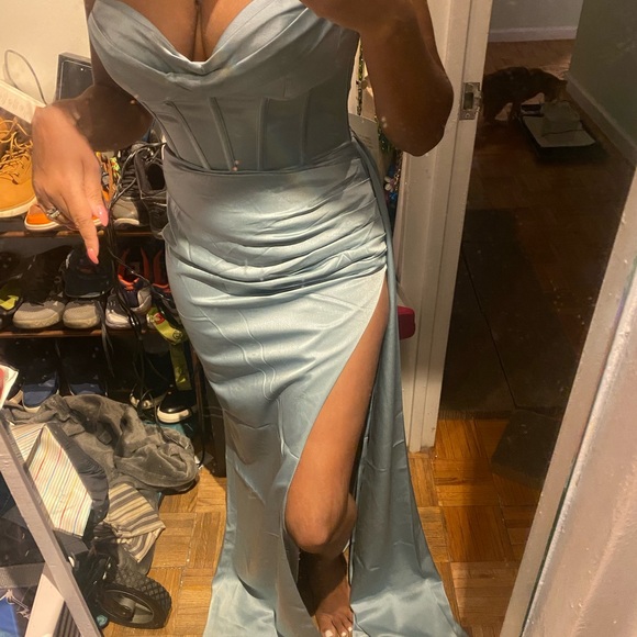 Elayna Pale Blue Strappy Satin Corset High Slit Gown - Picture 4 of 6